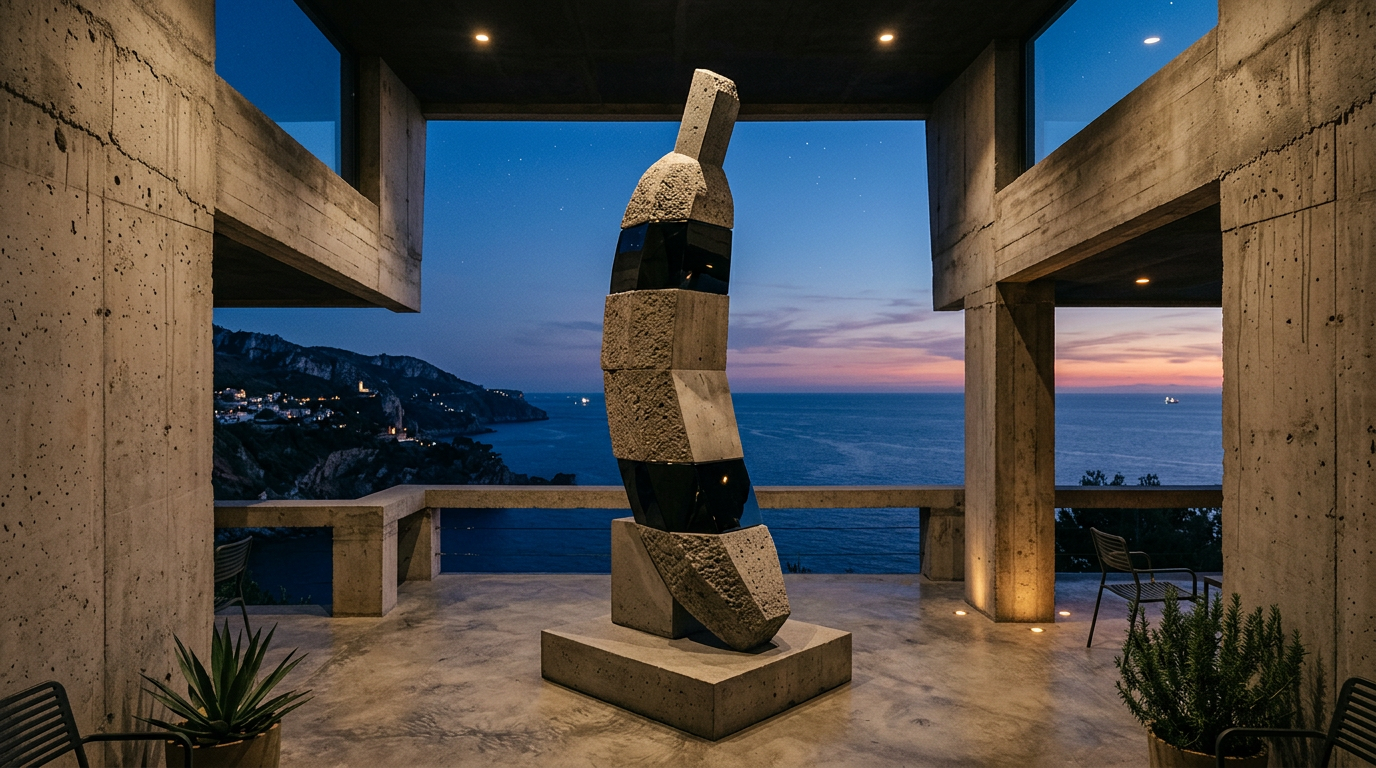 Concrete architectural sculpture in a stark, geometric landscape.